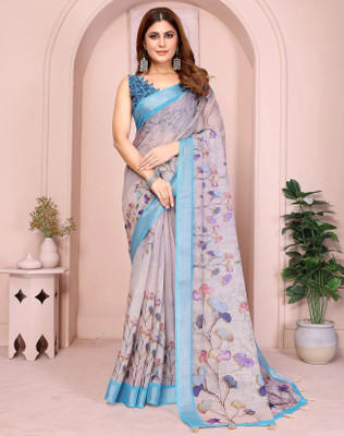 jya Floral Print, Digital Print Bollywood Cotton Linen Saree(Blue)