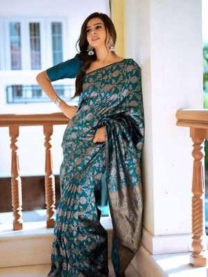 Dhruvil Impex Self Design Banarasi Pure Silk Saree(Blue)