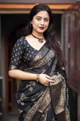 SSHAGUN LIFESTYLE Printed Bollywood Cotton Linen Saree(Black)