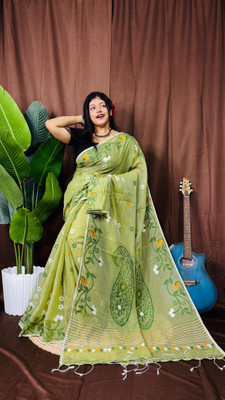 Pasum's Self Design, Embroidered, Woven, Floral Print Jamdani Cotton Silk Saree(Green)