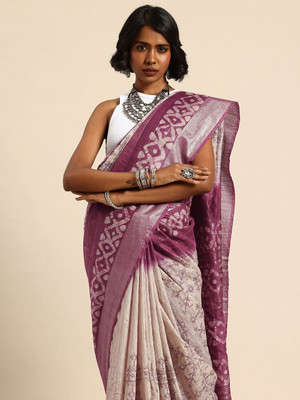 Taavi Self Design Handloom Silk Blend Saree(Cream)