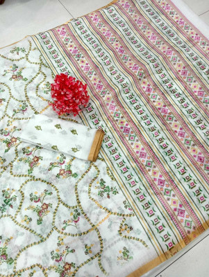 M MAANVIT Printed Kanjivaram Pure Cotton, Cotton Linen Saree(White)