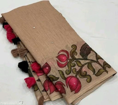 SVPrints Embroidered, Floral Print Bollywood Linen Saree(Beige)