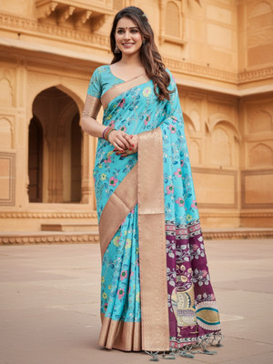 ZAMUNA Digital Print, Floral Print, Woven Banarasi Tussar Silk, Linen Saree(Blue, Purple)