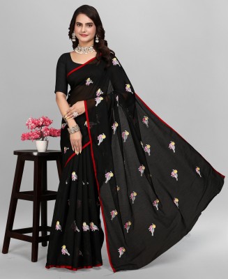 LADY SHOPI Floral Print Chanderi Chanderi Saree(Black)