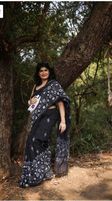 BALUCHURI Printed Handloom Cotton Silk Saree(Black)