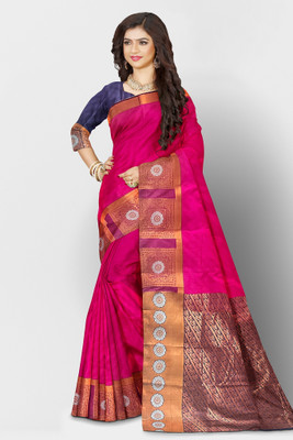 Naarinsari Self Design Handloom Cotton Silk Saree(Magenta, Blue)