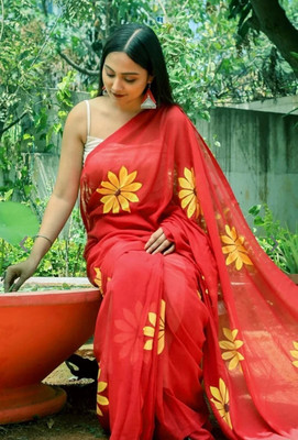 Myraani Printed Bollywood Cotton Linen, Art Silk Saree(Red)