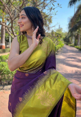 PHEASANT Woven Kanjivaram Pure Silk, Jacquard Saree(Pack of 2, Purple, Green)