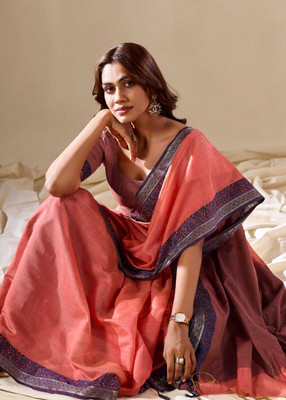Manokamna Solid/Plain, Printed Handloom Cotton Linen Saree(Pink)