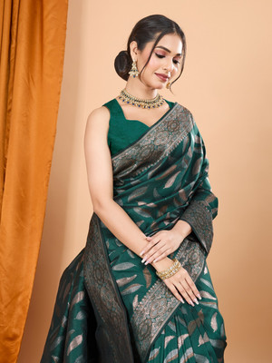SUDIPTA Printed Banarasi Pure Silk Saree(Dark Green)