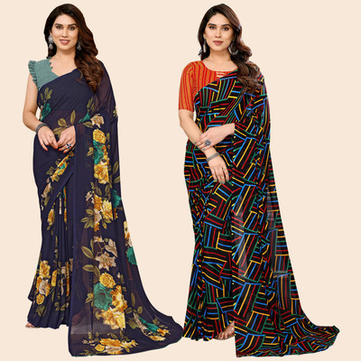 kashvi sarees Self Design, Printed Daily Wear Georgette Saree(Pack of 2, Dark Blue, Multicolor)