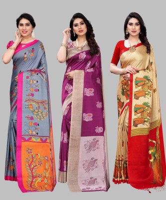 ANIRAV Printed, Paisley, Floral Print Bollywood Art Silk Saree(Pack of 3, Grey)