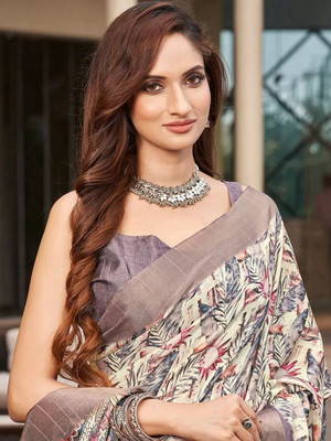 sareya veela Floral Print, Digital Print Handloom Tussar Silk Saree(Brown)