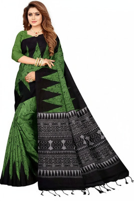 DUGGE FASHION Printed Sambalpuri Pure Cotton Saree(Green)