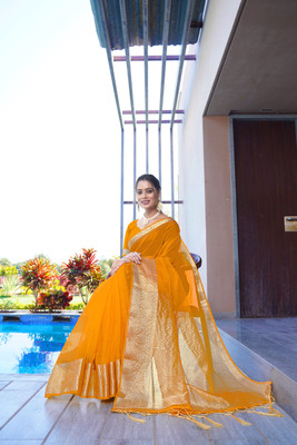 KOTHARI SBT Solid/Plain Bandhani Organza Saree(Yellow)