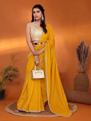 FABMORA Embellished, Solid/Plain Bollywood Tissue, Georgette Saree(Yellow)