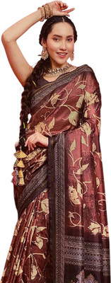 aashmiecommerce Printed, Digital Print Saree with Attached Blouse Silk Blend Saree(Maroon, Black)