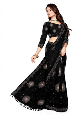 KRUBUX Printed Chanderi Cotton Silk Saree(Black)