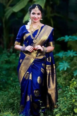 FIFFON Woven Kanjivaram Pure Silk, Art Silk Saree(Dark Blue)