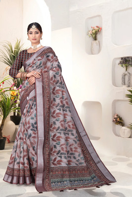 Mugdarra Geometric Print Daily Wear Linen Saree(Cream)