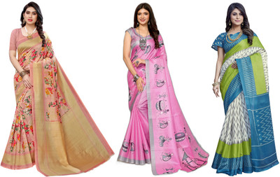 YASHIKA Printed, Woven Kanjivaram Art Silk Saree(Pack of 3, Pink, White, Blue)