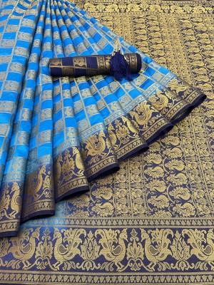 Darshita International Woven Kanjivaram Silk Blend, Cotton Silk Saree(Light Blue)