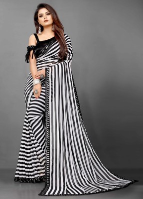 HANS ENTERPRISE Striped Bollywood Georgette, Chiffon Saree(White, Black)