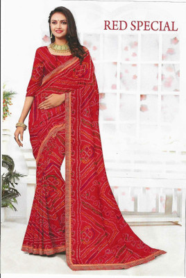 Ajmera faishaon Printed Bandhani Chiffon Saree(Red)