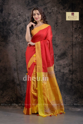 BiswasTextiles Self Design Handloom Cotton Silk Saree(Yellow)