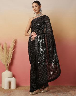 Tasrika Dyed, Embellished Bollywood Chiffon Saree(Black)