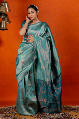 SUBHAM Woven, Embellished Kanjivaram Silk Blend Saree(Light Blue, Blue)