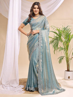 HERVALLY Woven Bollywood Chiffon Saree(Blue)