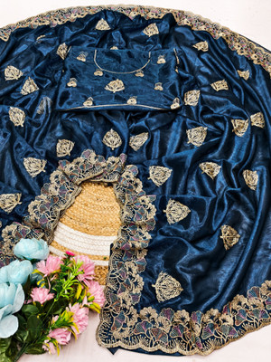Fikfoluo Embroidered Bollywood Net Saree(Blue)