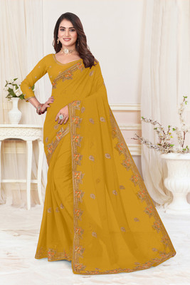 HouseOfCommon Printed Bollywood Georgette Saree(Mustard)