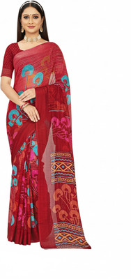 Ridhisoft Floral Print Bollywood Cotton Blend Saree(Maroon)