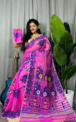Pasum's Self Design, Hand Painted Jamdani Cotton Silk, Pure Cotton Saree(Pink, Blue)
