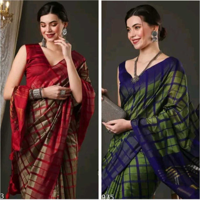 Bhagwati Creation Embellished, Solid/Plain, Striped Daily Wear Chanderi, Cotton Silk Saree(Pack of 2, Multicolor)