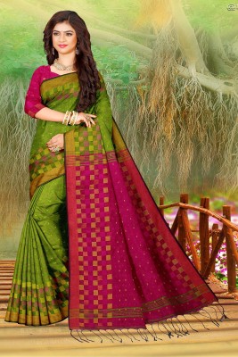 STORESIMA Woven Handloom Cotton Silk Saree(Green, Pink)