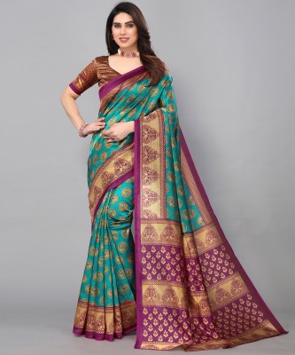 Samah Printed, Geometric Print, Embellished Kanjivaram Cotton Silk, Silk Blend Saree(Light Green, Purple, Gold)