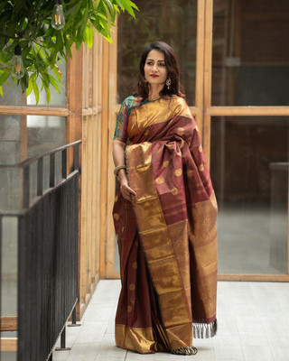KM CREATION Self Design Banarasi Art Silk Saree(Brown)