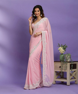 Trendmalls Embroidered Bollywood Georgette Saree(Pink)