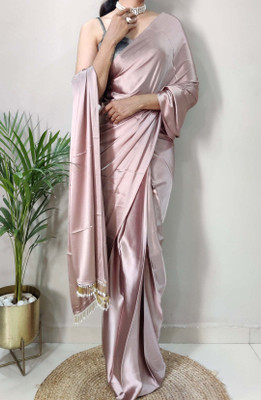 PD CLOTH VILLA Solid/Plain Bollywood Satin, Silk Blend Saree(Beige)