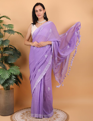 SHWET Embroidered Lucknow Chikankari Mulmul Saree(Purple)