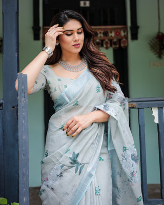 ALMAARI FASHION Digital Print Handloom Cotton Linen Saree(Grey)