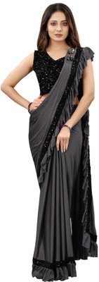 KSENTERPRISE Solid/Plain Bollywood Lycra Blend Saree(Grey)