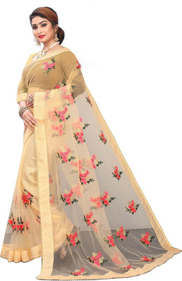 DWINIZAA STORE Embroidered Bollywood Net Saree(Cream)