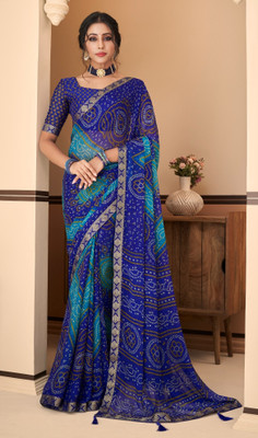 REBOOT FASHIONS Printed Bandhani Chiffon Saree(Blue)