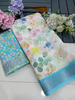 Saaransh Floral Print Kanjivaram Linen, Cotton Silk Saree(Grey)