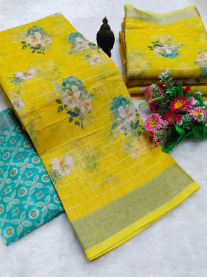 MAANVIT Self Design Kanjivaram Linen, Cotton Linen Saree(Yellow, Blue)